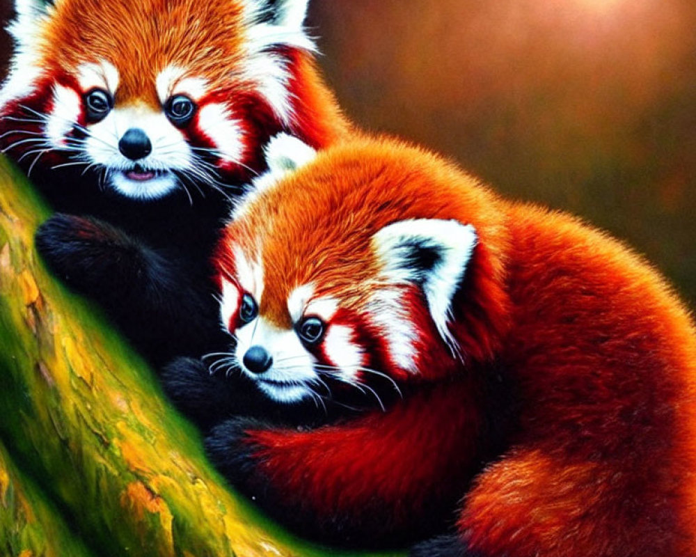 Two red pandas cuddling on branch in lush setting