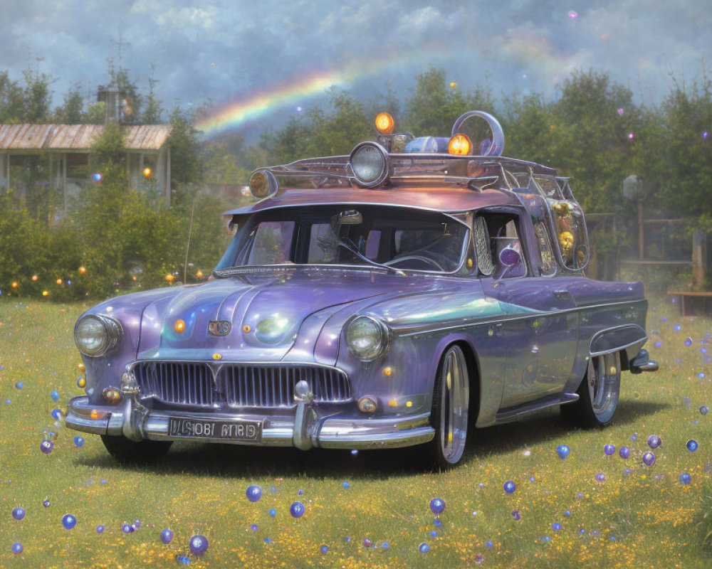 Purple vintage car with whimsical modifications in field under rainbow