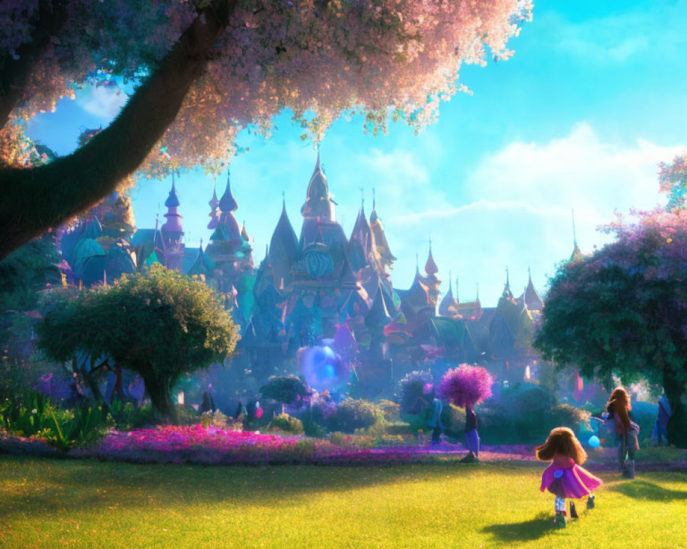 Children walking to colorful castle in blooming garden