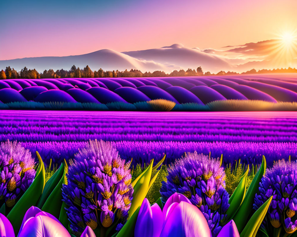 Scenic sunset over vibrant lavender fields and rolling hills