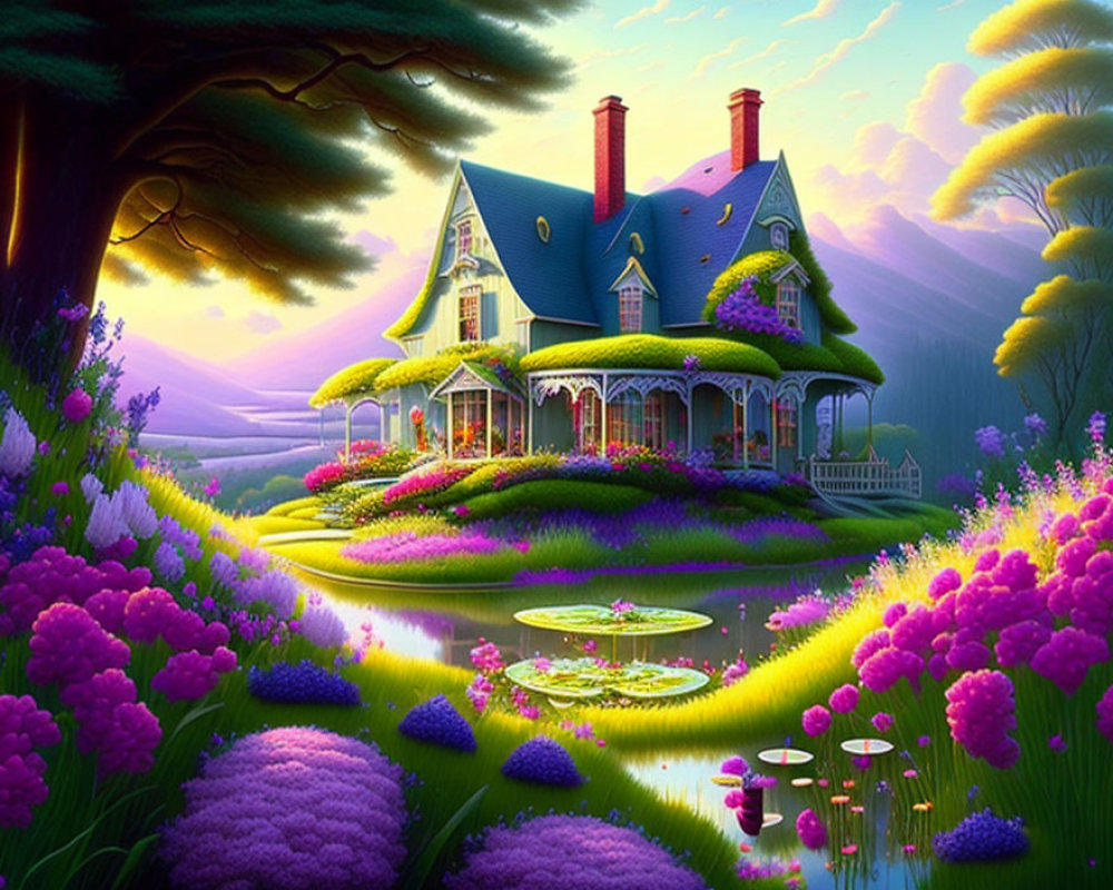 Fantasy cottage in lush gardens with pond under purple sunset sky