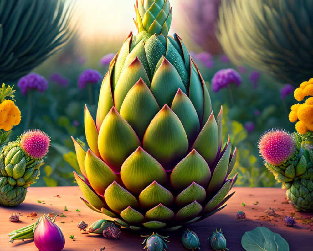 Colorful digital artwork: Giant artichoke with flowers, insects, and red onion on serene background