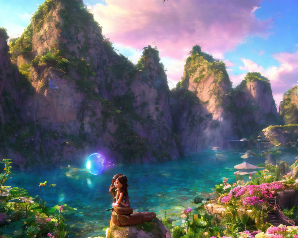 Woman sitting by vibrant blue lagoon amid pink flowers and cliffs