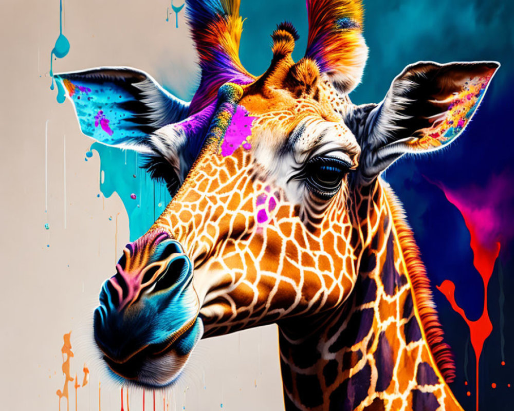 Colorful Giraffe Artwork with Abstract Paint Splashes on Dynamic Background