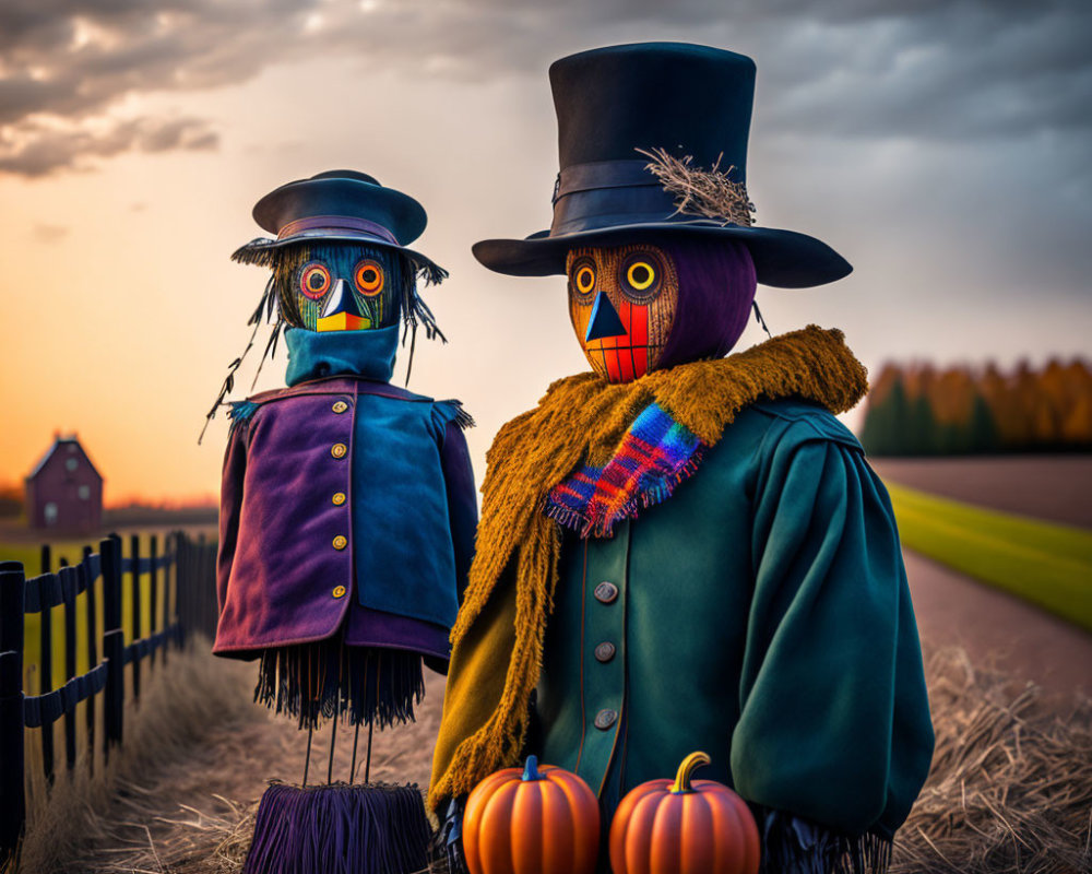 Colorful scarecrows with pumpkins in rural landscape at dusk