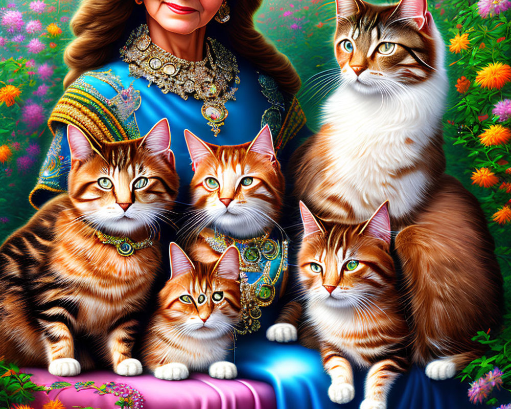 Woman with glasses and four cats among colorful flowers wearing matching necklaces