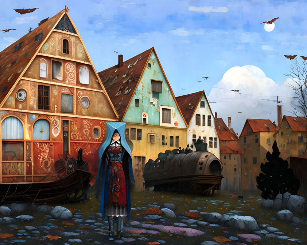 Cloaked Figure with Colorful Houses, Seagull, and Locomotive in Whimsical