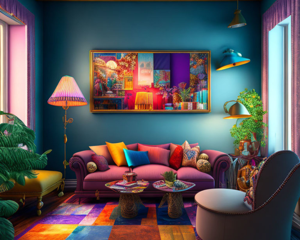 Colorful Living Room with Pink Sofa, Large Painting, Plants, and Ambient Lighting