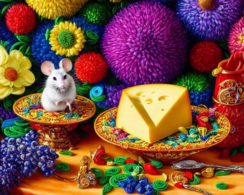 White Mouse with Cheese and Flowers on Colorful Tablecloth