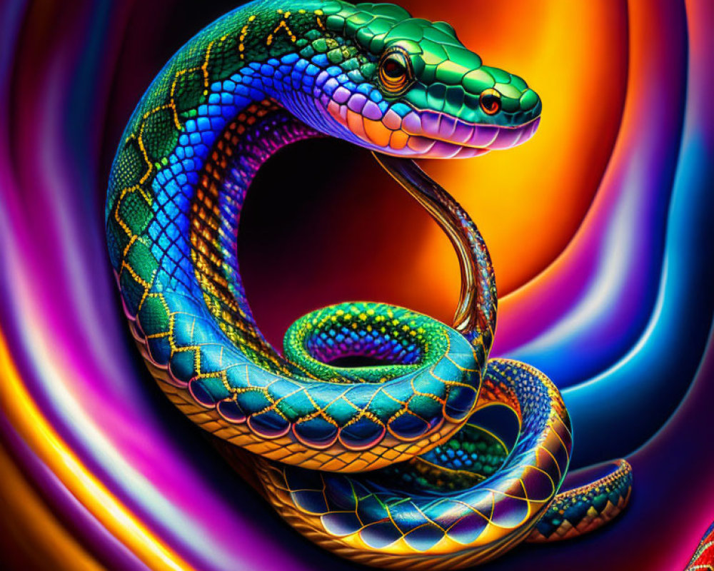 Colorful Digital Artwork: Coiled Snake with Iridescent Scales