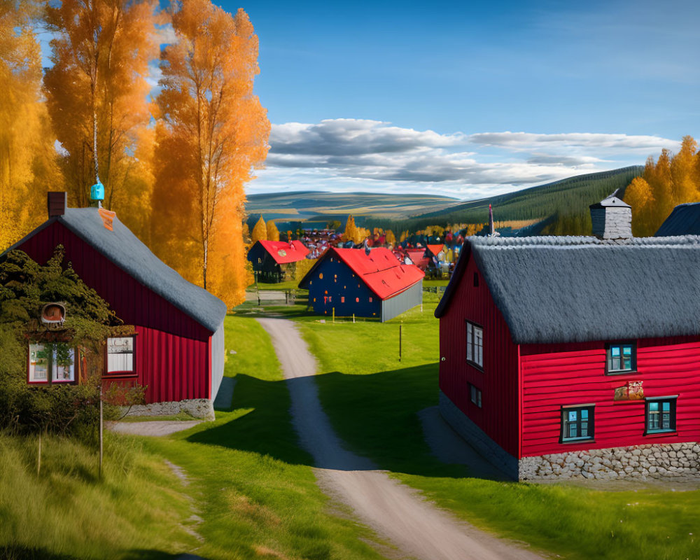 Scenic village with red houses, autumn trees, and blue sky