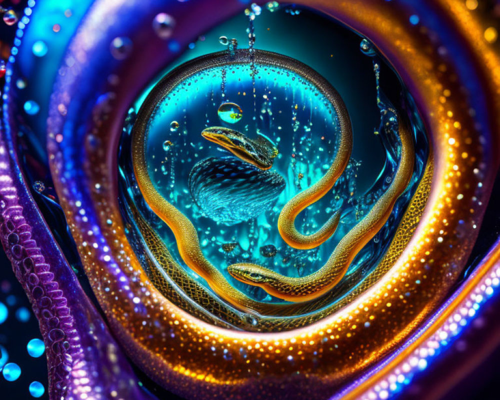 Colorful Macro Photo of Spherical Droplet with Swirls in Blue and Orange