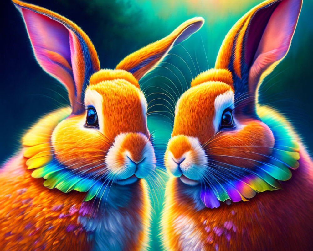 Colorful rabbits with rainbow fur on greenish-blue background