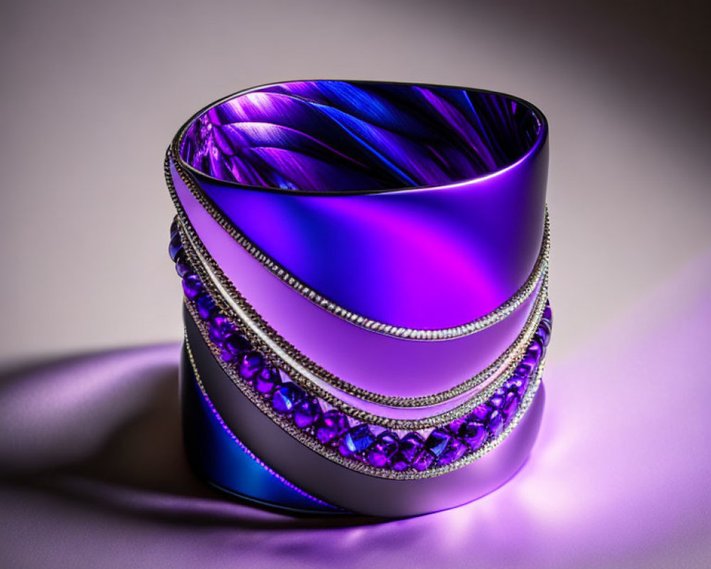 Reflective Blue and Purple Gradient Metallic Bracelet with Crystal Band and Chain Detailing