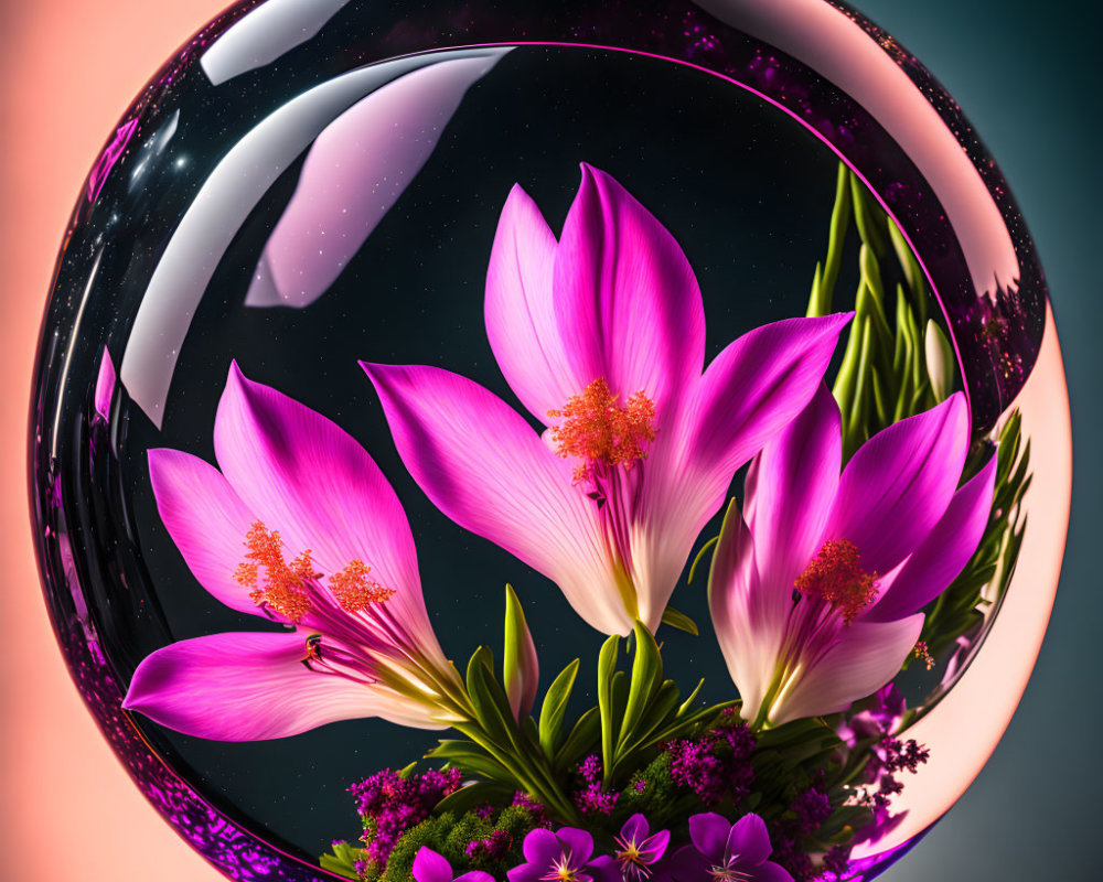 Digital art: Vibrant pink flowers in transparent sphere with cosmic background