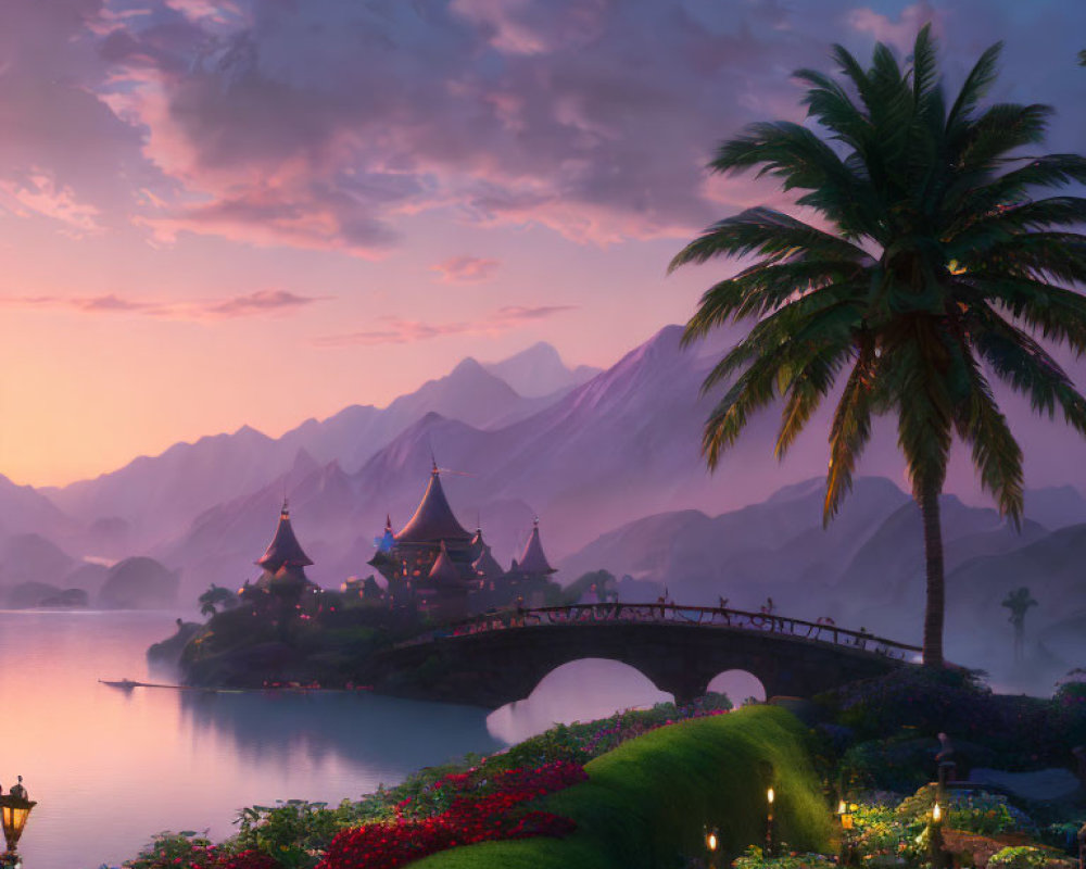 Fantasy landscape at dusk: bridge, pagoda-style village, mountains, palm tree