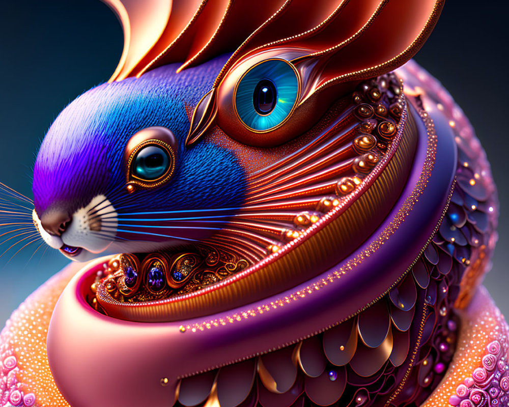 Vibrant digital artwork: stylized rabbit with blue face & ornate orange headpiece