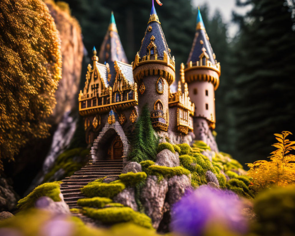 Miniature fairy-tale castle in lush greenery with vibrant flowers