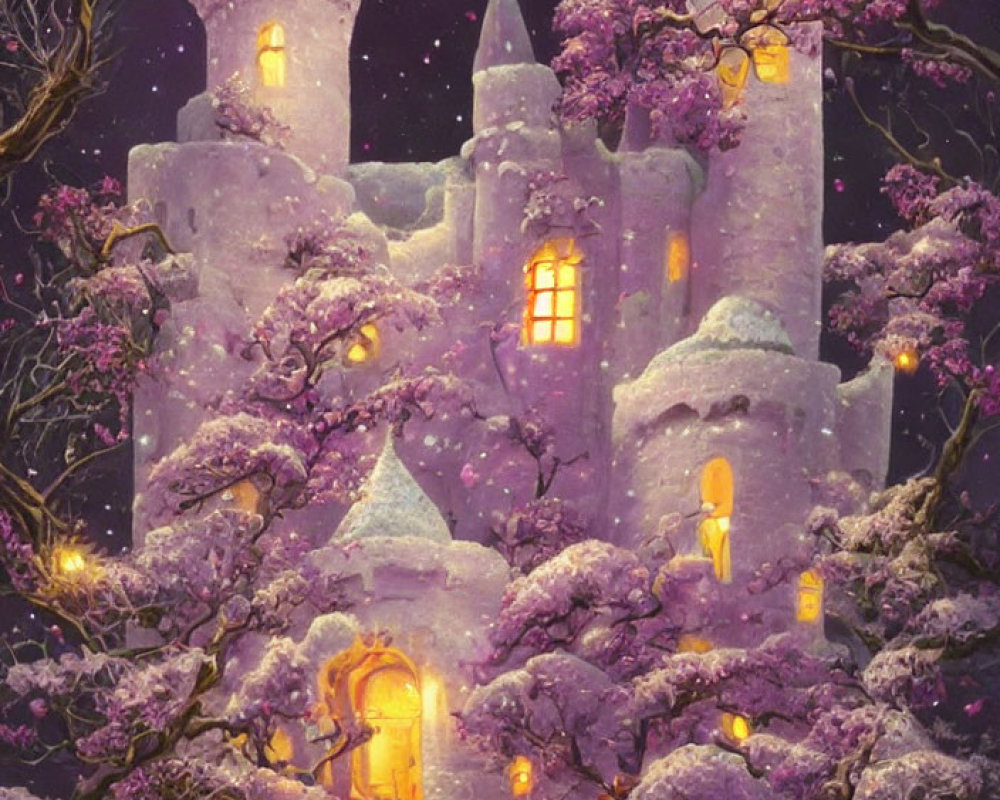 Snow-covered castle at twilight surrounded by purple snow-laden trees