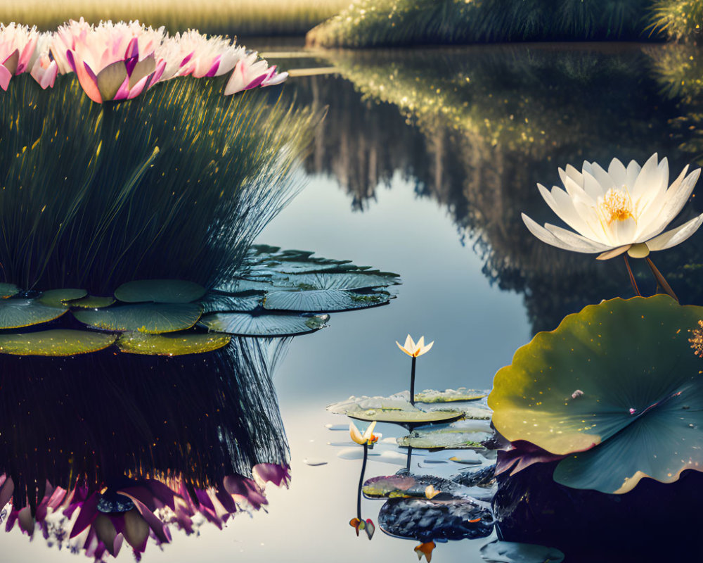 Tranquil pond scene with lotus flowers and lily pads at dusk