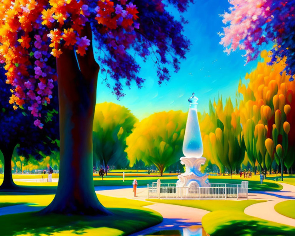 Lush Trees, Fountain, Serene Pond in Colorful Park