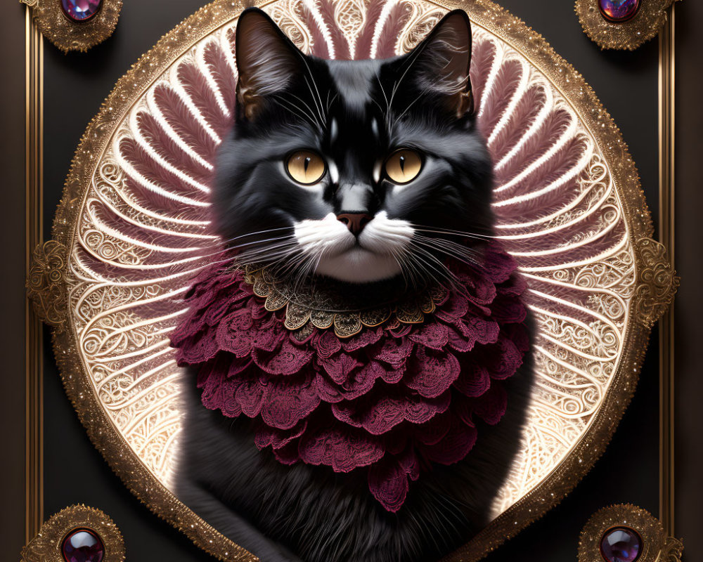 Regal Black and White Cat Portrait in Ornate Golden Frame