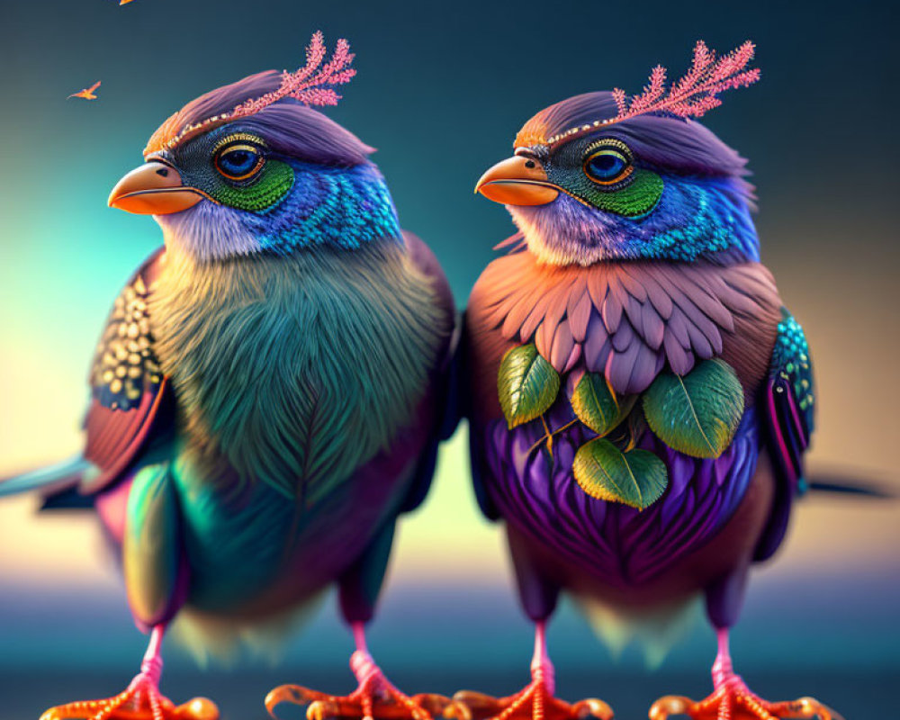 Colorful Stylized Birds with Leafy Wings in Twilight Scene