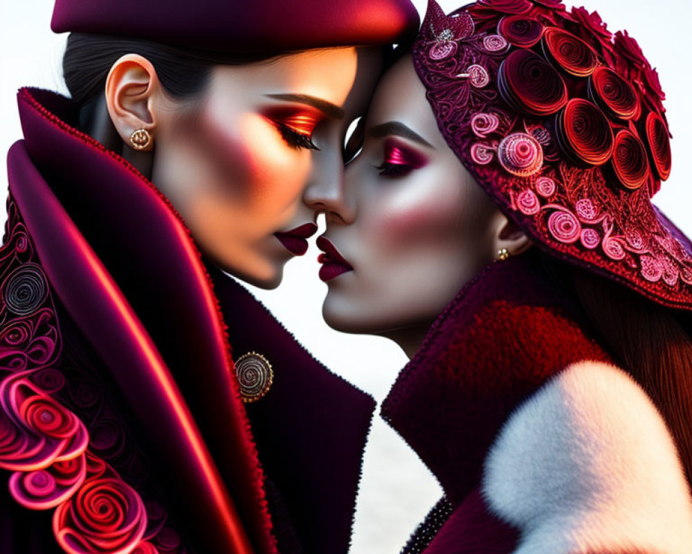 Models in artistic makeup and embellished hats in vibrant red and purple tones pose intimately.