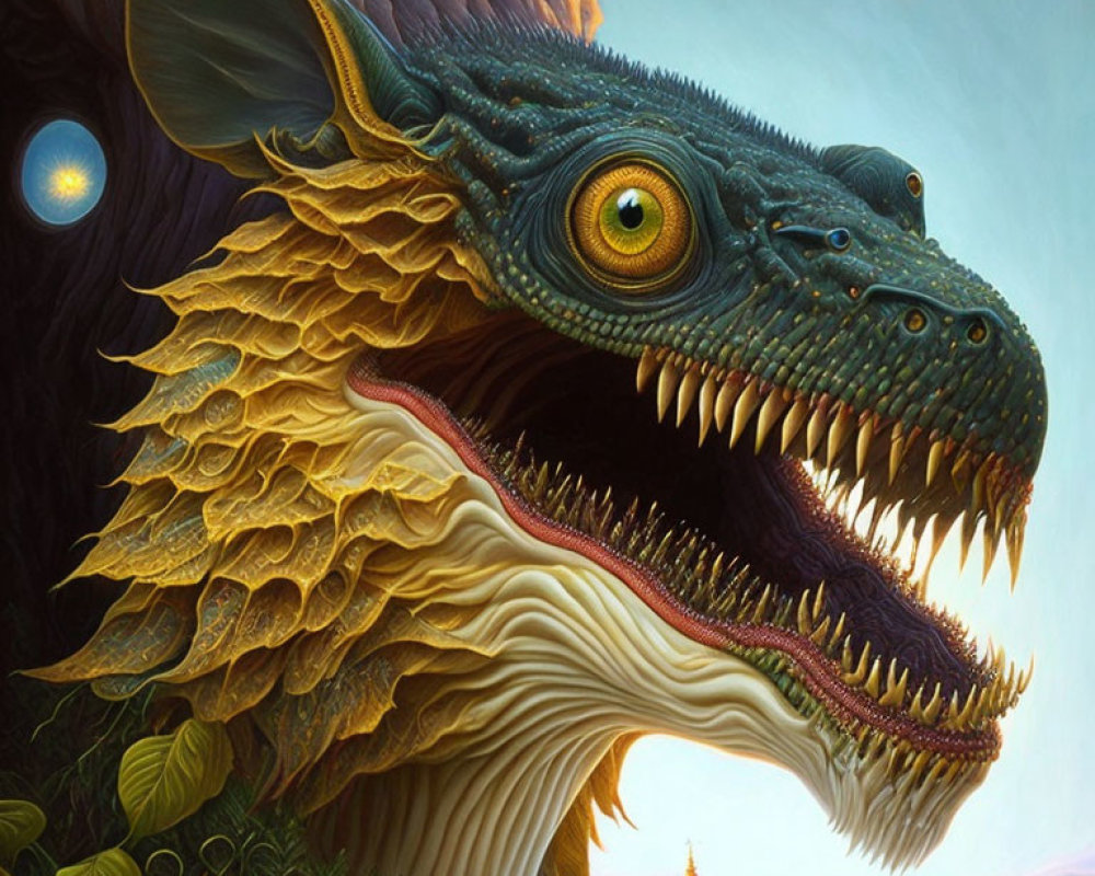 Detailed dragon artwork with intricate scales and sharp teeth in front of a small temple