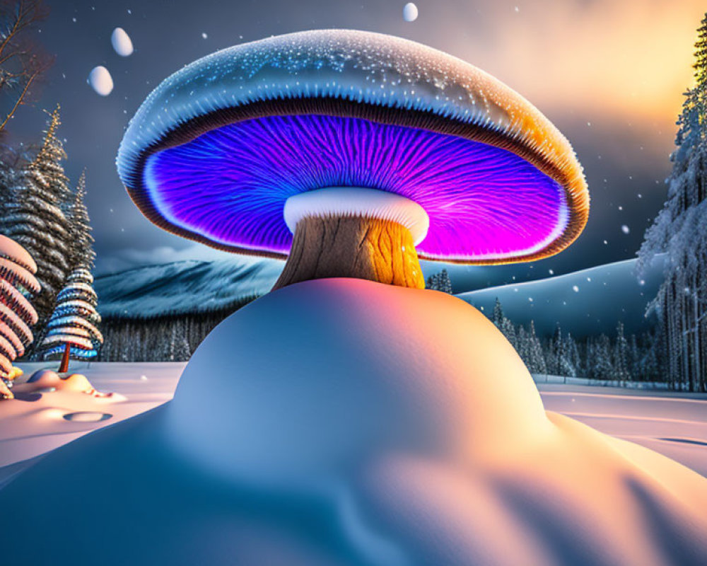 Giant Glowing Mushroom in Snowy Forest Dusk Sky