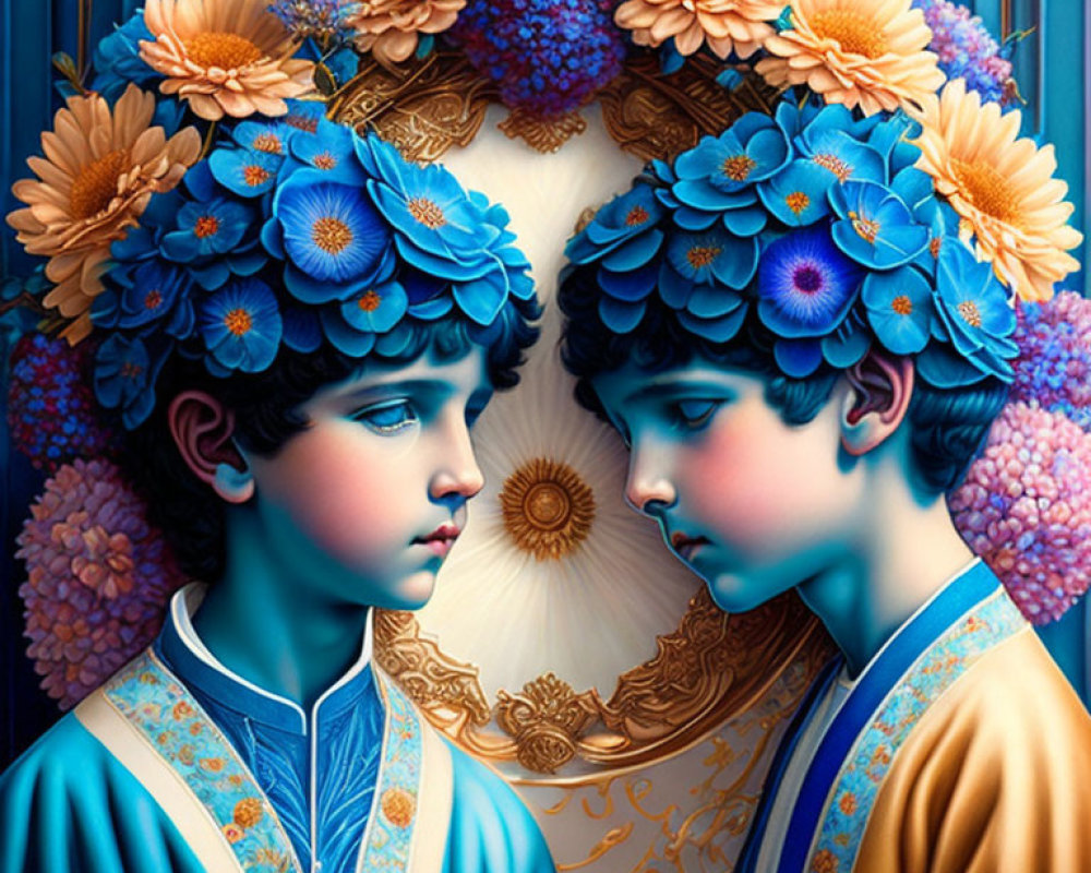 Stylized figures with floral headdresses in blue and gold attire