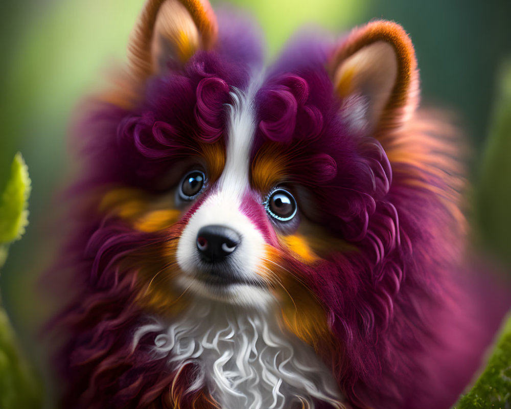 Vivid Purple and Orange Fur Dog with Blue Eyes