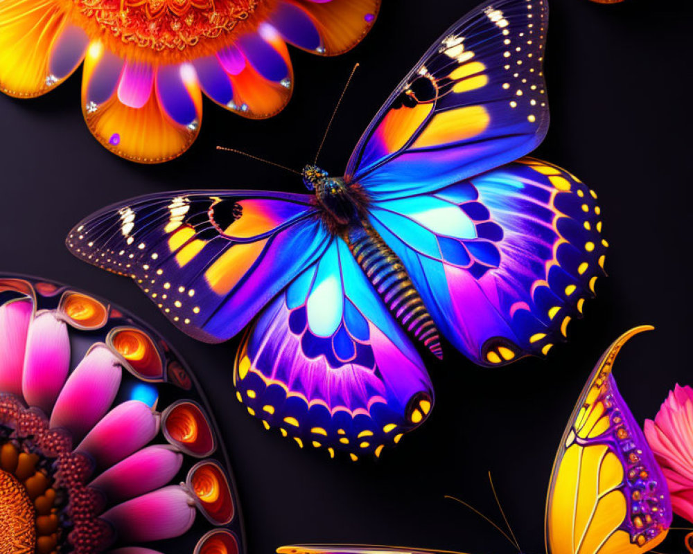 Colorful Butterfly Artwork with Flowers on Dark Background