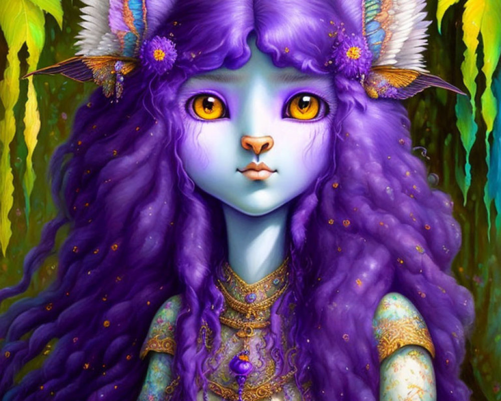 Illustration of whimsical creature with purple fur and yellow eyes on leafy green backdrop