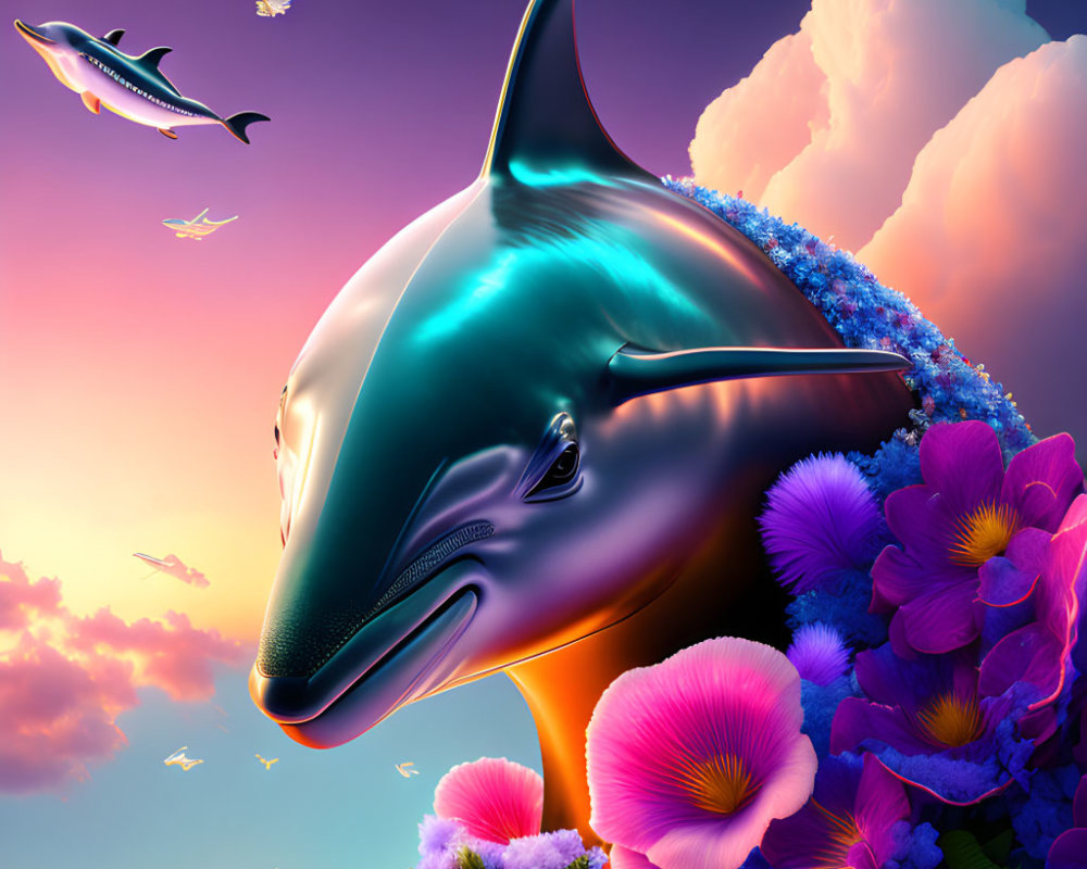 Colorful digital art: Smiling dolphin amidst flowers, flying fish, and birds in dreamy sky