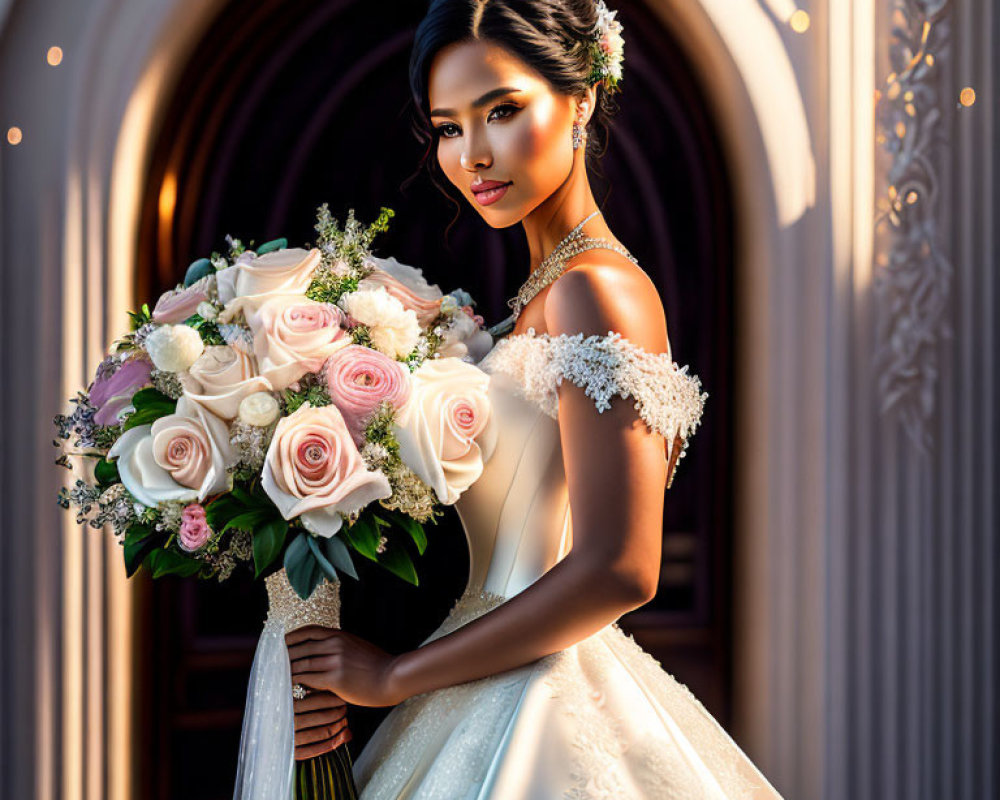 Bride in white gown with lace sleeves holding roses in warm, lit archway.