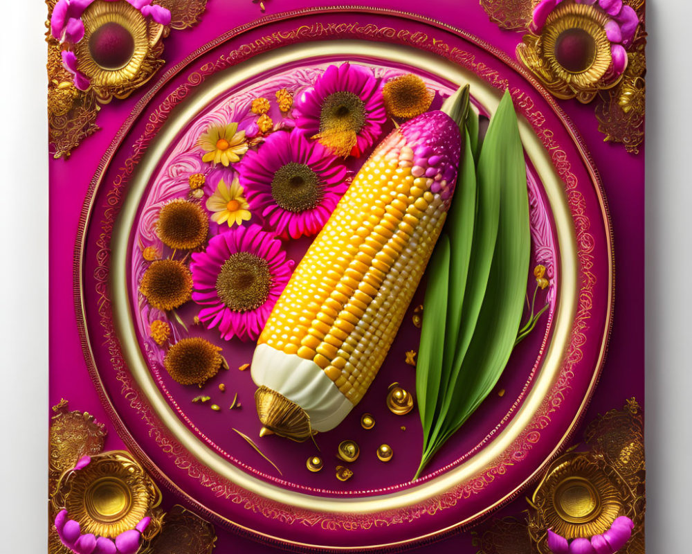 Corn cob with kernels on vibrant purple and gold plate with flowers & ornaments