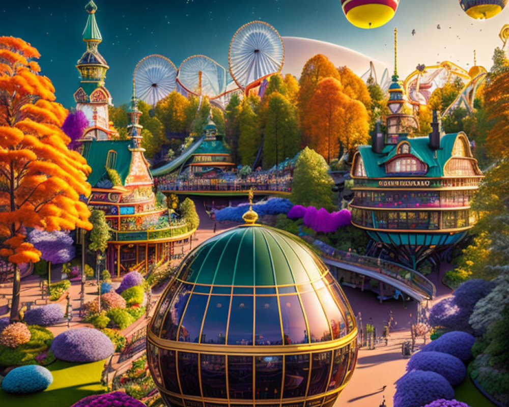 Fantastical amusement park with whimsical architecture and autumn trees