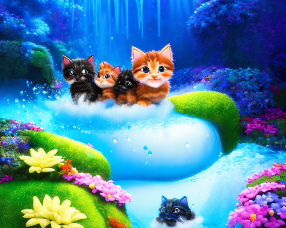 Three fluffy kittens on a log above a river with a waterfall, vibrant blue and pink flowers.