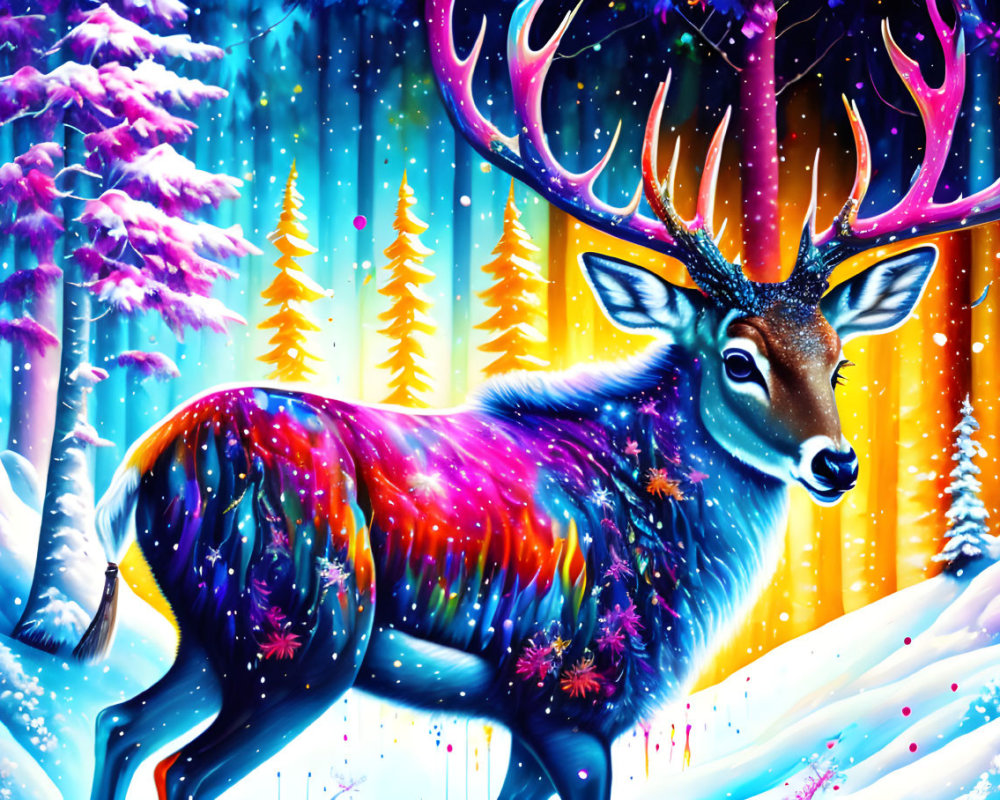 Colorful cosmic deer in snowy forest with neon trees and starry sky