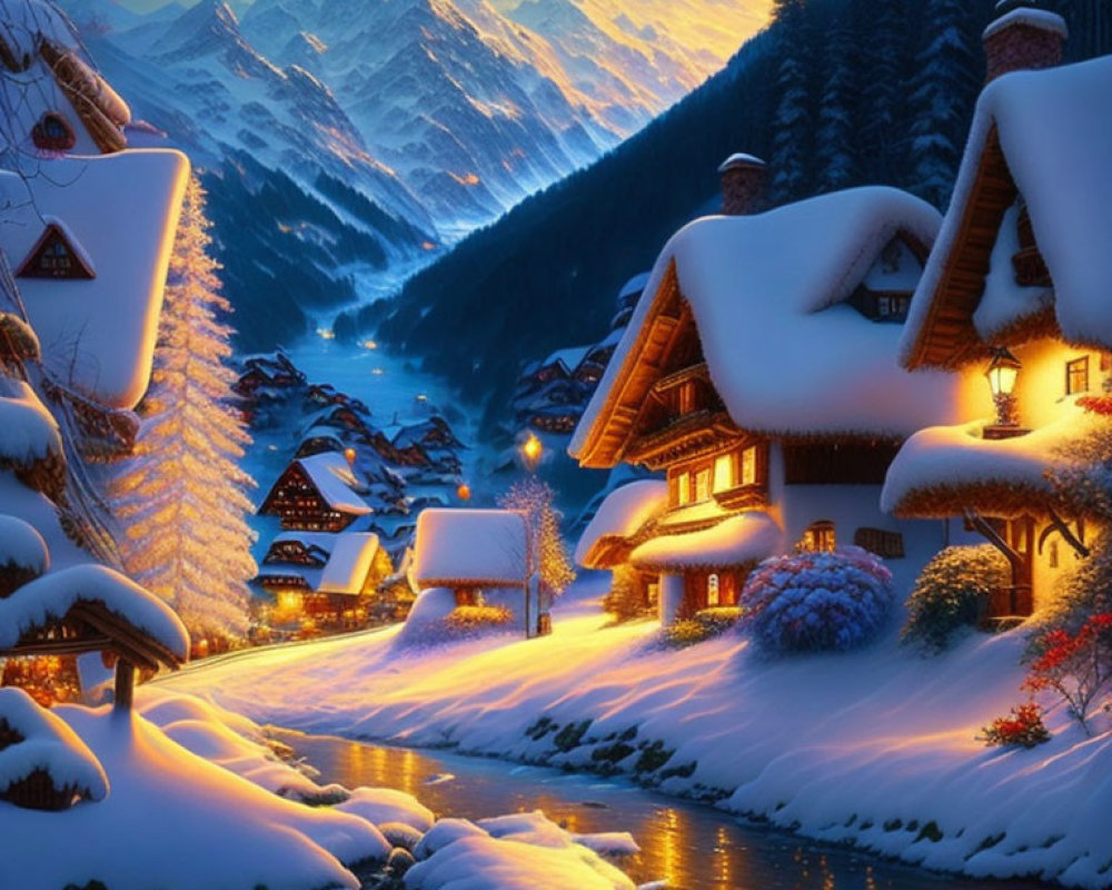 Winter scene: Snow-covered cottages near river, alpine trees, mountains at dusk