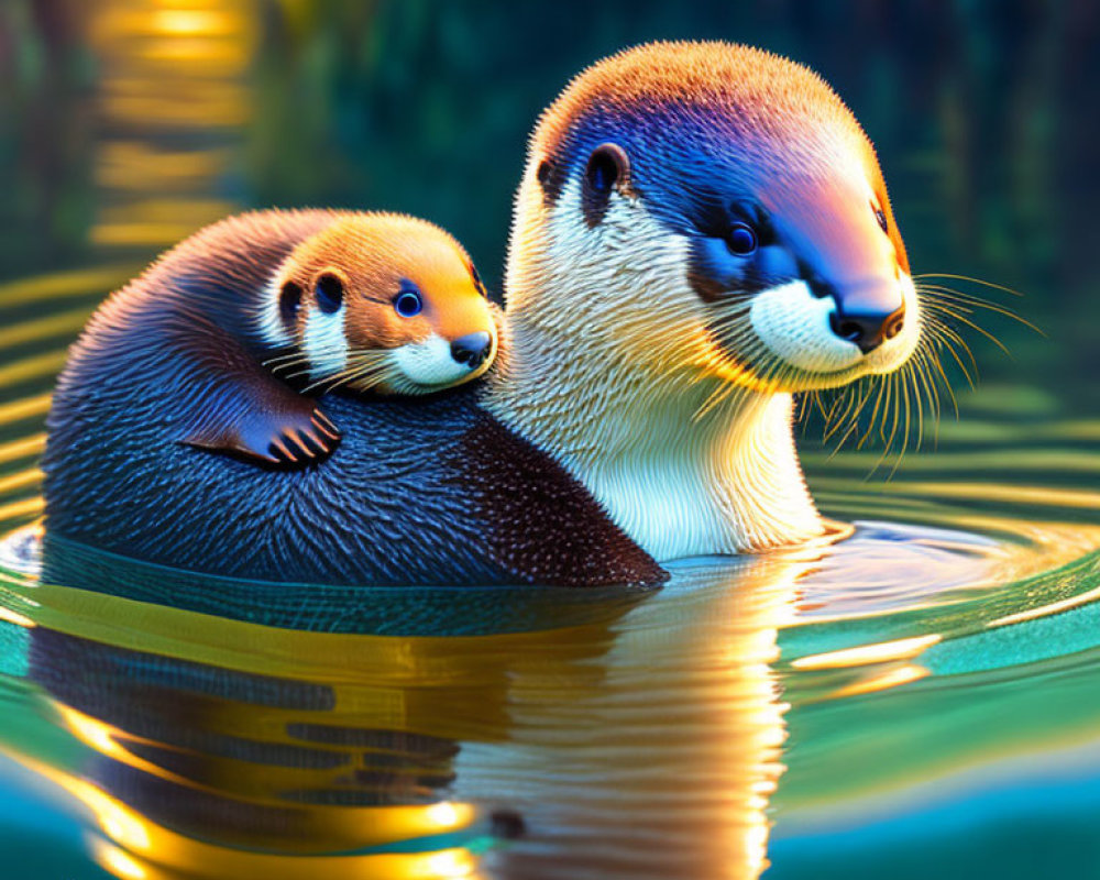 Digital Illustration: Two Otters Floating in Water