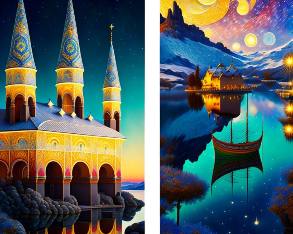 Split-image Artwork: Detailed Palace & Starry Landscape with Boat