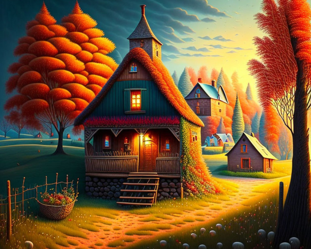 Vibrant autumn trees and whimsical cottages in serene fantasy landscape