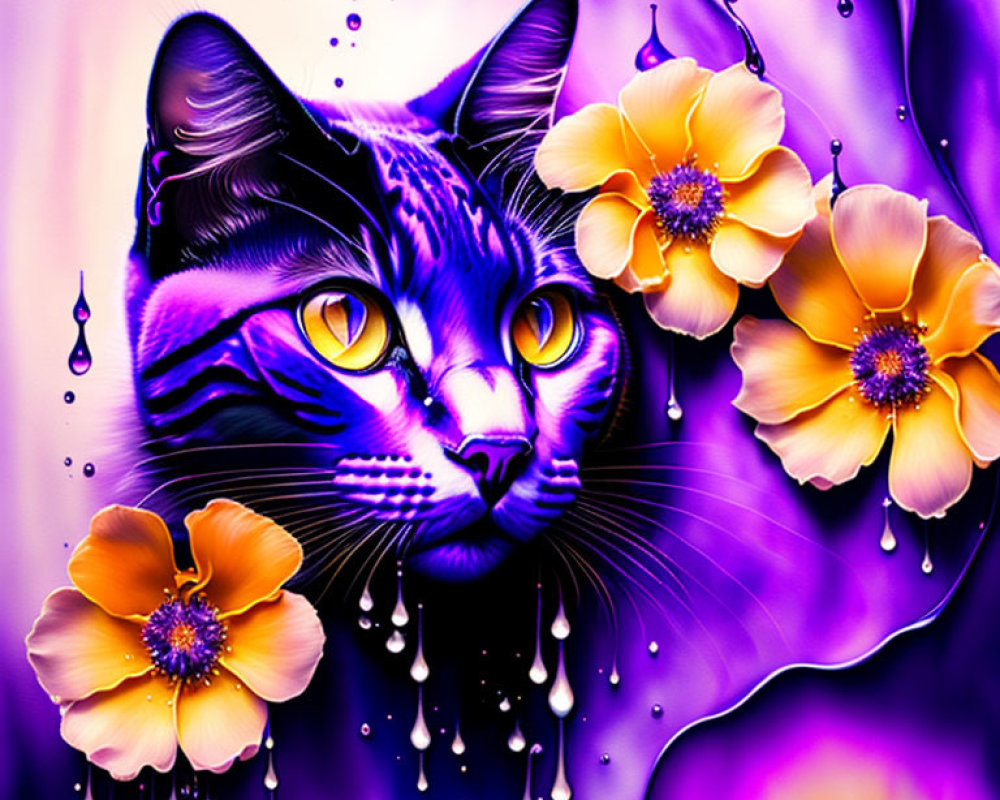 Colorful digital artwork: Black cat with yellow eyes in purple and orange floral setting.