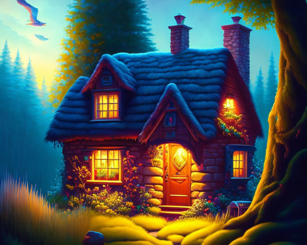 Thatched Roof Cottage in Mystical Forest Twilight