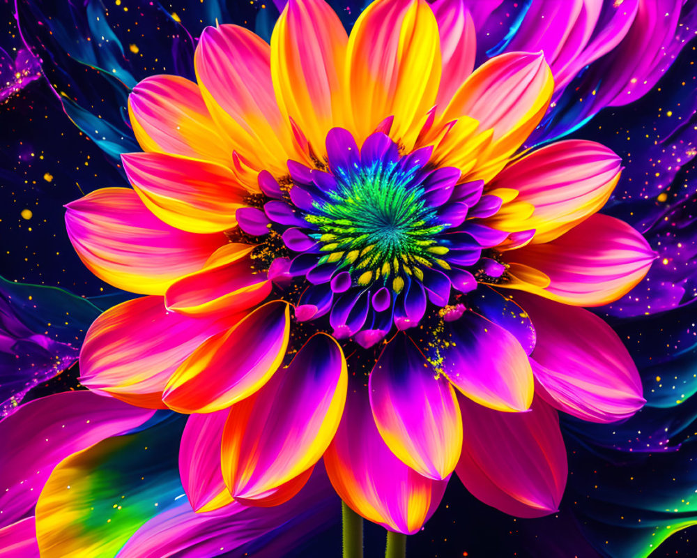 Colorful Flower with Neon Pink and Yellow Petals on Psychedelic Background