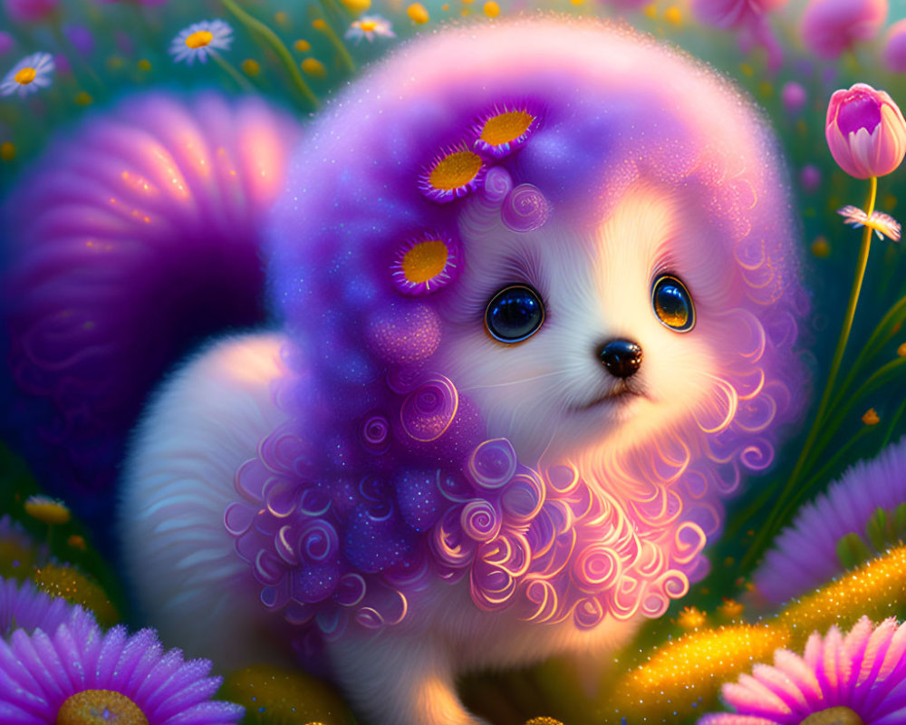 Whimsical purple creature with big eyes in colorful flower field