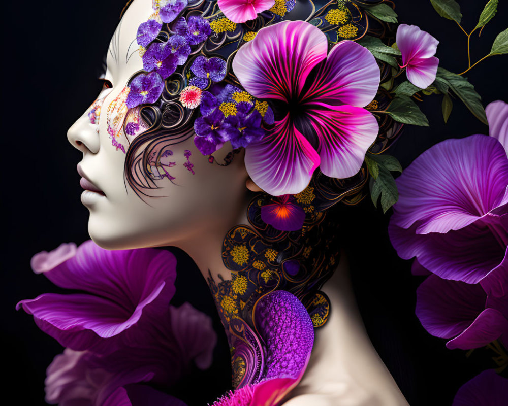 Profile portrait adorned with vibrant flowers and golden patterns