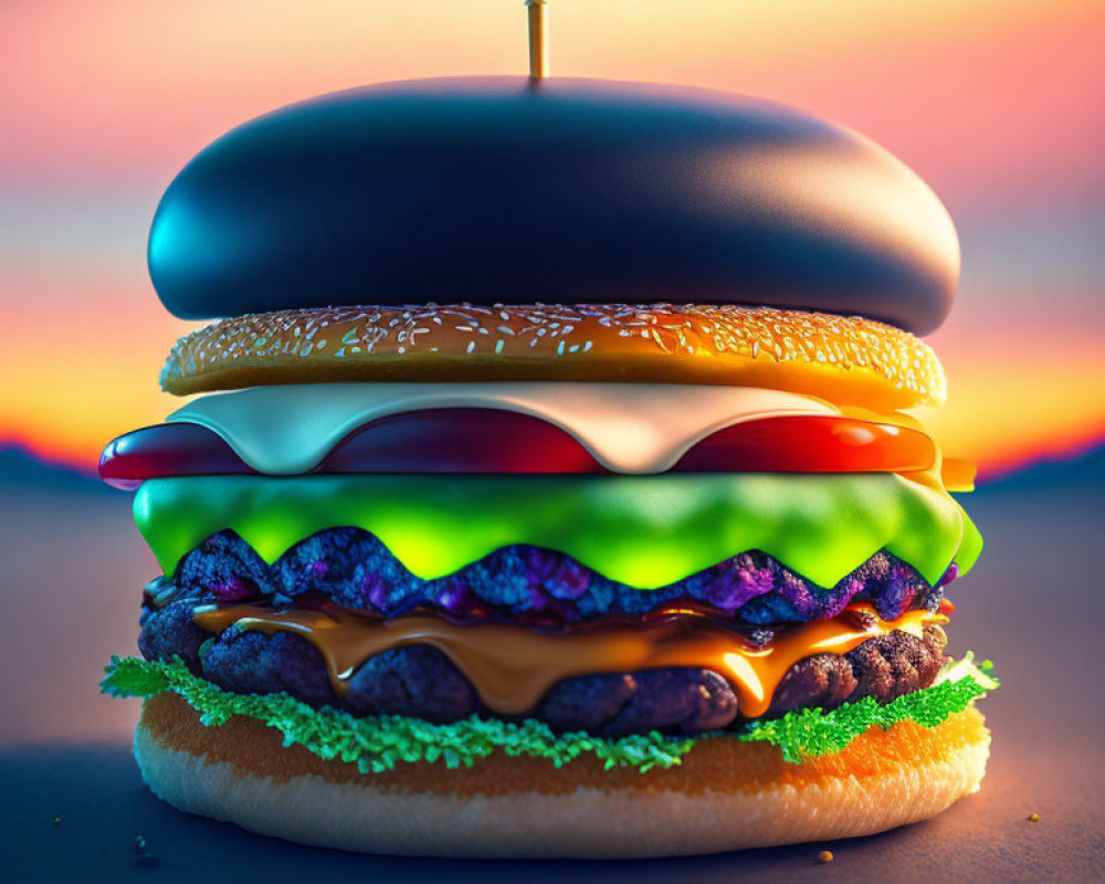 Colorful Stylized Cheeseburger Image Against Sunset Sky